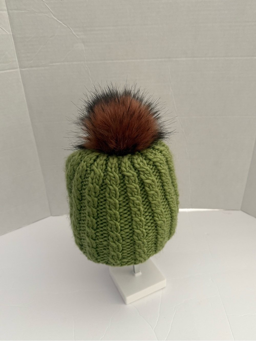 Olive Green Cable Knit Beanie with Brown Faux Fur Pom